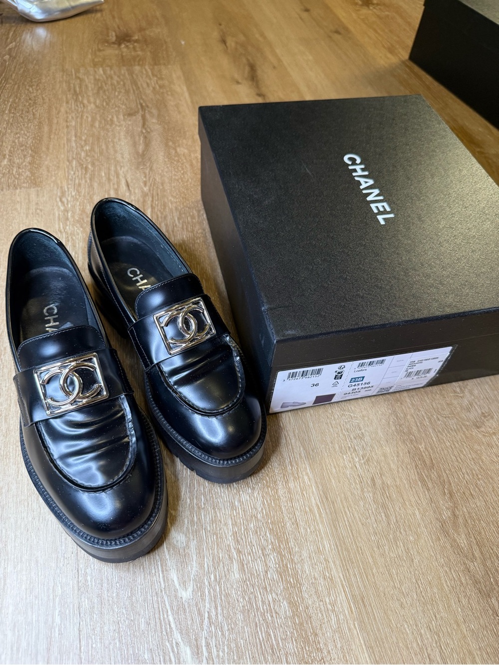 CHANEL Black Leather CC Silver Logo Loafers Platform Slip On EU 36 US 6 ***
